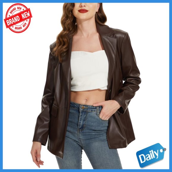 Faux Leather Blazer Jacket Oversized Moto Biker Coat Vegan Pleather